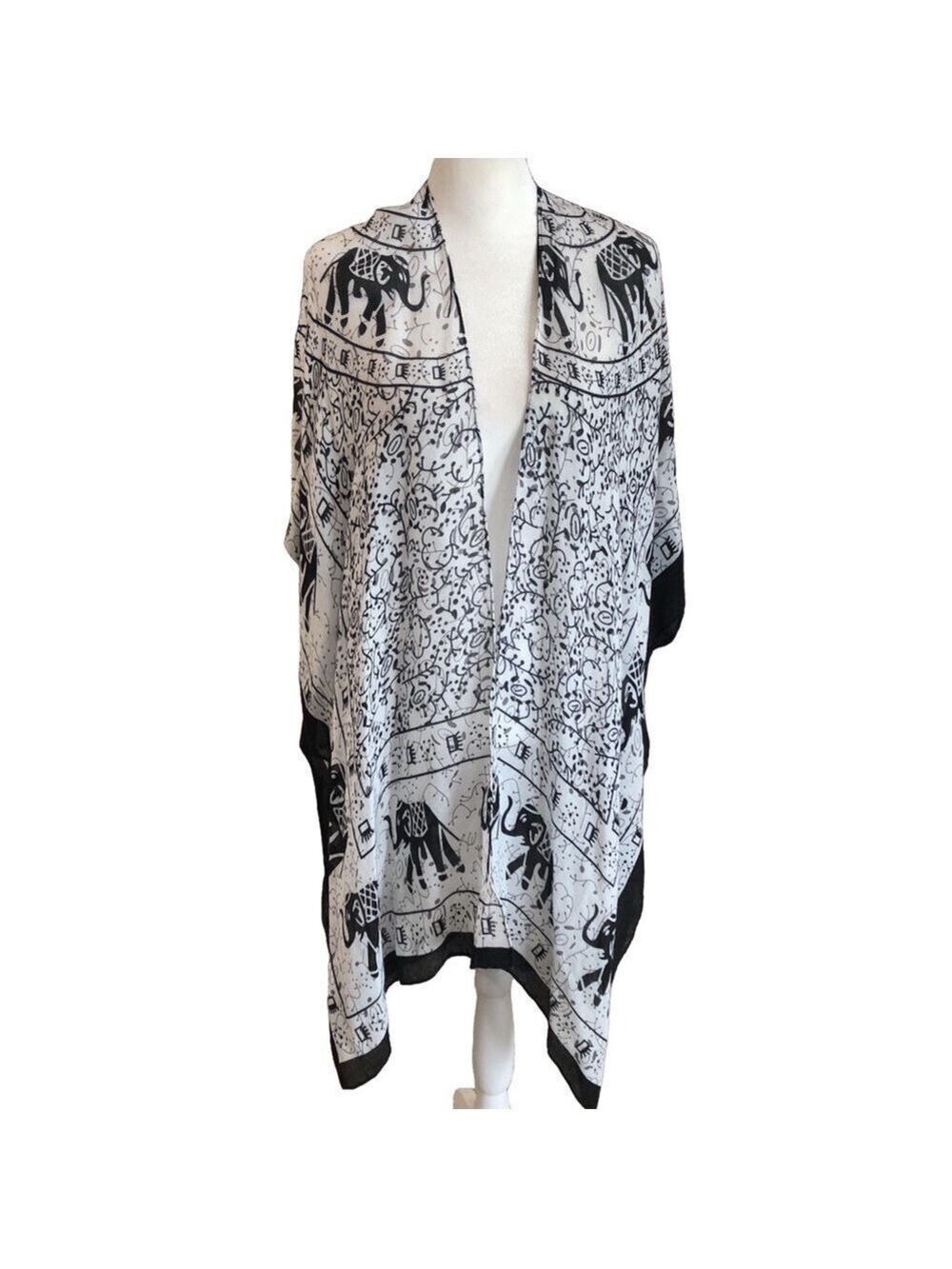 Kimono swim cover size XL. Black and white open front elephant print beachy